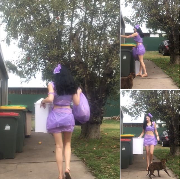 화려한 옷을 입고 문 앞에 쓰레기를 버리러 가는 장면을 담은 사진이나 동영상을 소셜네트워크서비스(SNS)에 게재하는 ‘빈 아이솔레이션 아우팅’(Bin Isolation Outing)에 참여한 이들. 페이스북 캡처