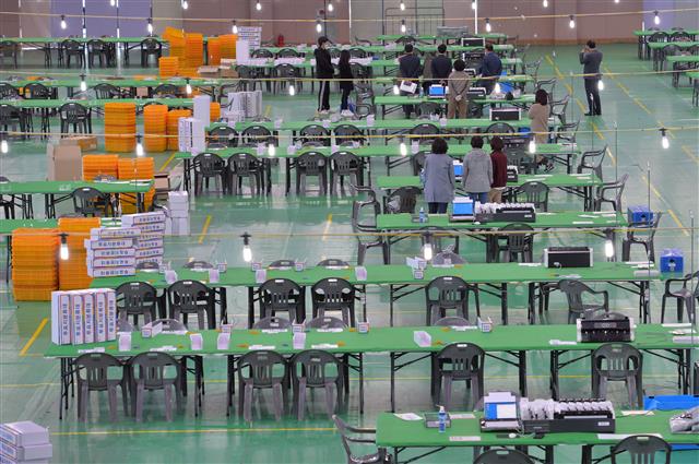 ‘제21대 국회의원 선거’를 하루 앞둔 14일 오후 경북 포항시 남구선거관리위원회가 남구 상대동 만인당에 4.15총선 개표소를 준비하고 있다. 이곳에서는 포항남·울릉 선거구 개표 업무가 진행된다. 2020.4.14 뉴스1