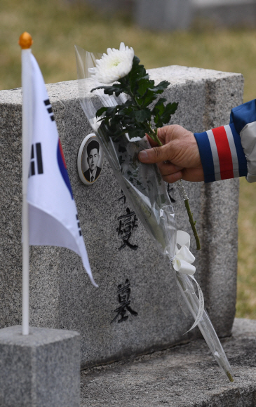 제60주년 4·19 혁명 기념식이 열린 19일 서울 강북구 국립 4·19 민주묘지에서 한 참배객이 헌화하고 있다. 2020.4.19 박윤슬 기자 seul@seoul.co.kr