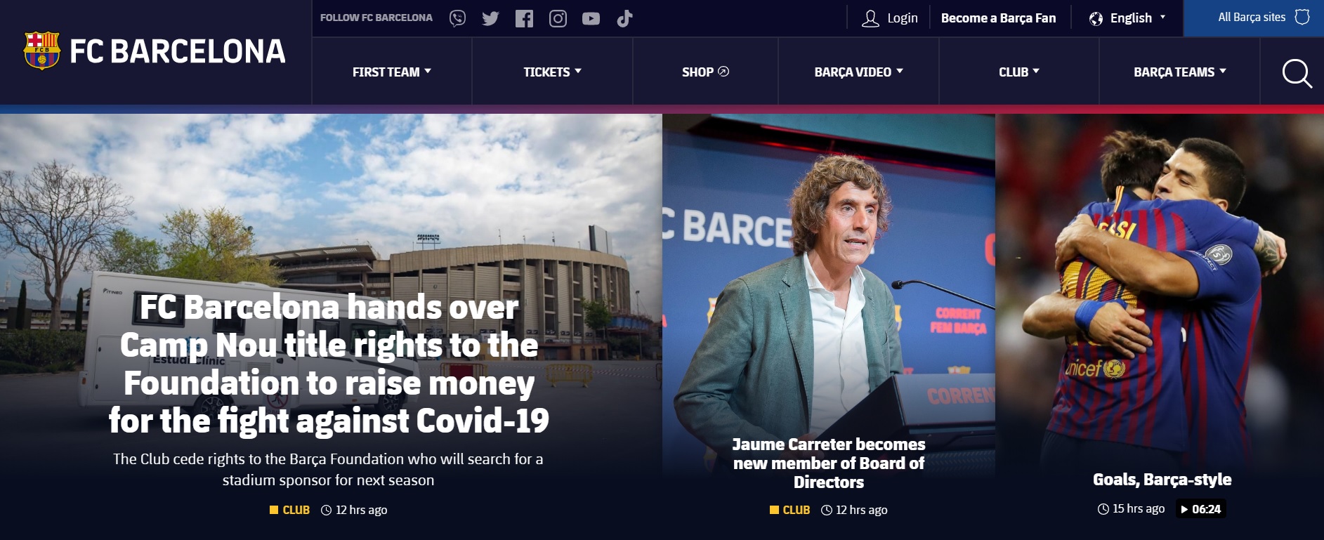 코로나19 극복 기금 마련을 위해 홈경기장 네이밍 스폰서십 판매를 발표한 FC바르셀로나 홈페이지.