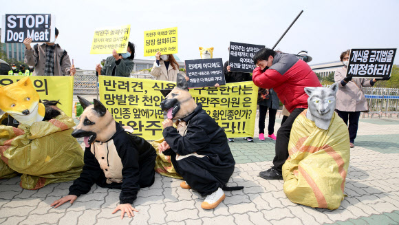 ‘반려견, 식용견 구분 발언’ 사과 촉구 퍼포먼스