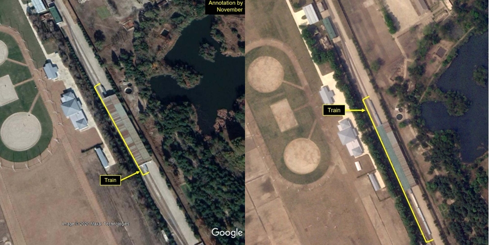 38노스가 비교한 김정은 북한 국무위원장 원산 별장 인근의 기차역 위성사진. 왼쪽이 지난 14일에 촬영됐고, 오른쪽은 29일 촬영됐다.  38노스 홈페이지 캡처