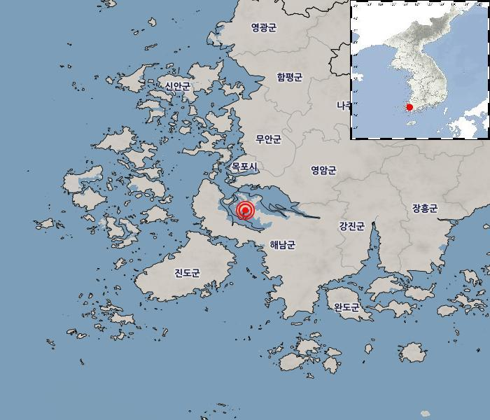 2020년 4월 28일 낮 12시 52분 전남 해남군 서북서쪽 20㎞ 지역 규모 2.1 지진 발생.  기상청