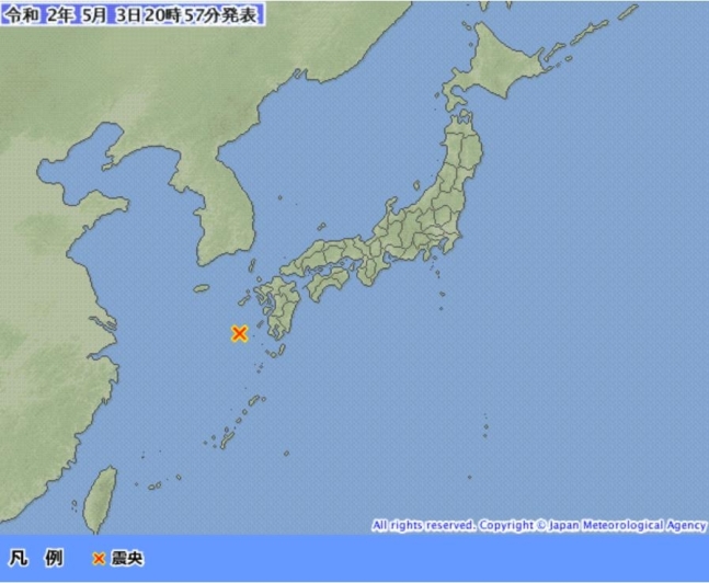 일본 가고시마 서쪽 해역서 규모 6.0 지진. 사진=일본 기상청 홈페이지