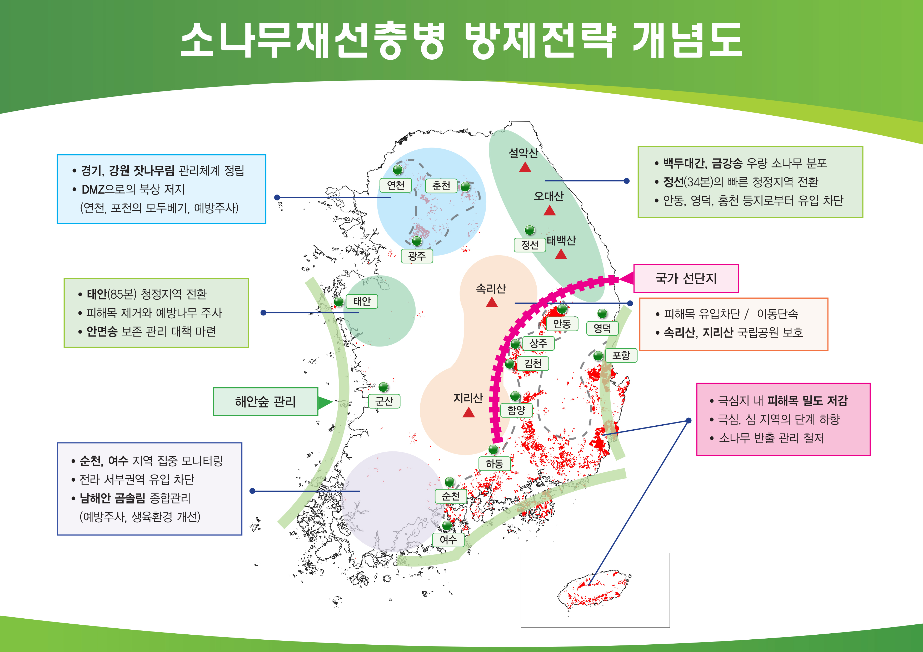 최근 소나무재선충병이 집단 발생에서 소규모 분산 방식으로 바뀌면서 방제 전략 수정이 필요해졌다. 산림청의 권역별 방제 전략. 산림청 제공