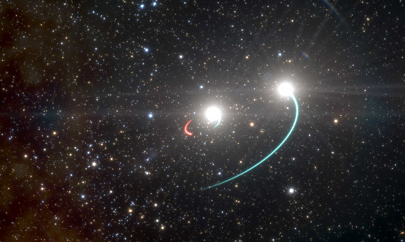 지구에서 가장 가까운 블랙홀을 관측해낸 유럽남방천문대(ESO)가 제작한 일러스트. 쌍성이 블랙홀 주변을 회전하는 모형이다. AP통신
