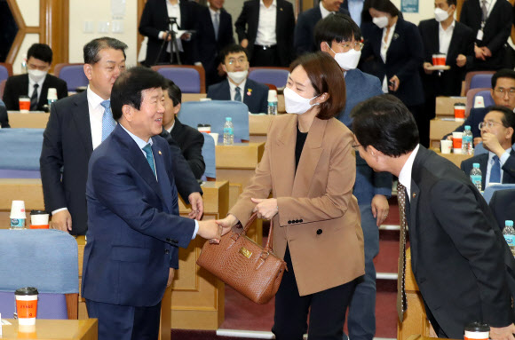 더불어민주당 박병석 의원과 고민정 당선인이 12일 국회 의원회관에서 열린 국회 한반도평화번영포럼 김연철 통일부 장관 초청 특별강연에서  인사하고 있다.  2020.5.12  연합뉴스