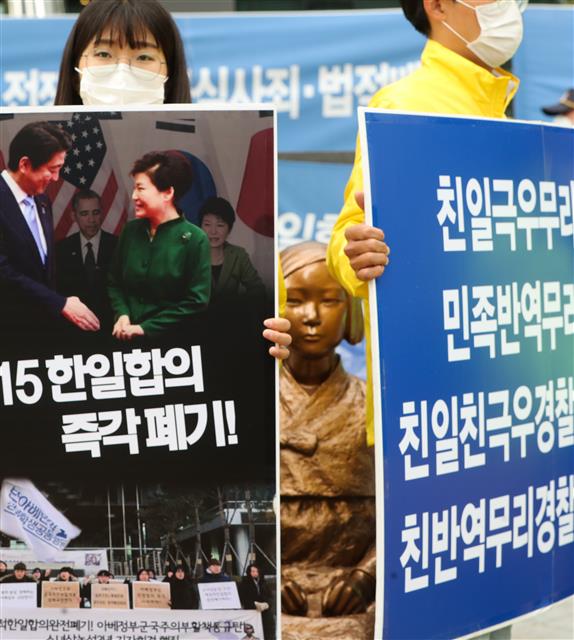 반아베반일청년학생공동행동 회원들이 12일 서울 종로구 옛 일본대사관 앞 소녀상에서 열린 보수단체의 소녀상 철거 촉구 집회에서 맞서 피켓을 들고 소녀상 주변을 지키고 있다. 2020.5.12 뉴스1