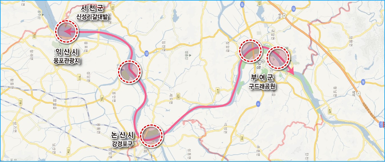 충남과 전북 4개 시군이 추진하는 금강 뱃길 노선도. 서천군 제공