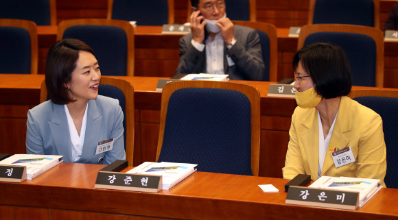 20일 오전 국회 헌정기념관 대강당에서 열린 제21대 국회 초선의원 의정연찬회에서 더불어민주당 고민정 당선인(왼쪽)과 정의당 강은미 당선인이 대화하고 있다. 2020.5.20  연합뉴스