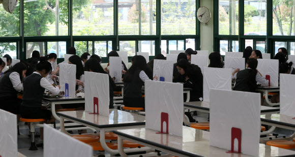 고등학교 3학년 등교 수업 첫날인 20일 오전 울산시 중구 함월고등학교에서 학생들이 칸막이가 설치된 급식실에서 점심을 먹고 있다. 2020.5.20  연합뉴스