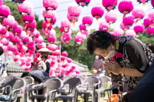 부처님오신날 법요식서 마스크 쓰고 합장