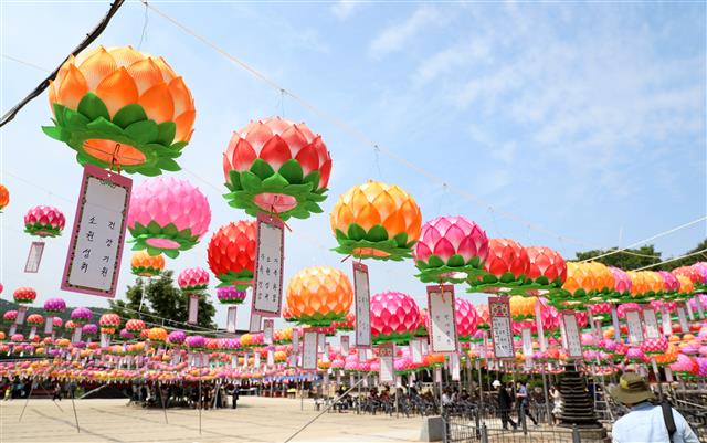 형형색색의 연등에 달린 소원지