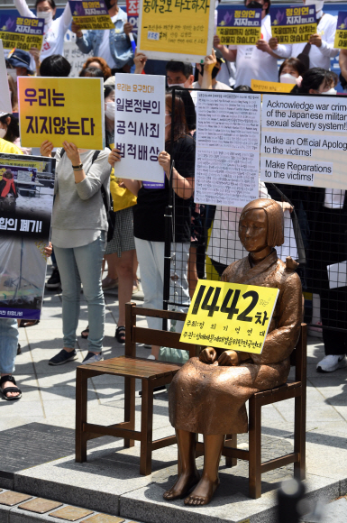 3일 서울 종로구 수송동 옛 일본대사관 앞에서 제 1442차 정기수요집회가 열리고 있다. 2020 . 6. 3 정연호 기자 tpgod@seoul.co.kr