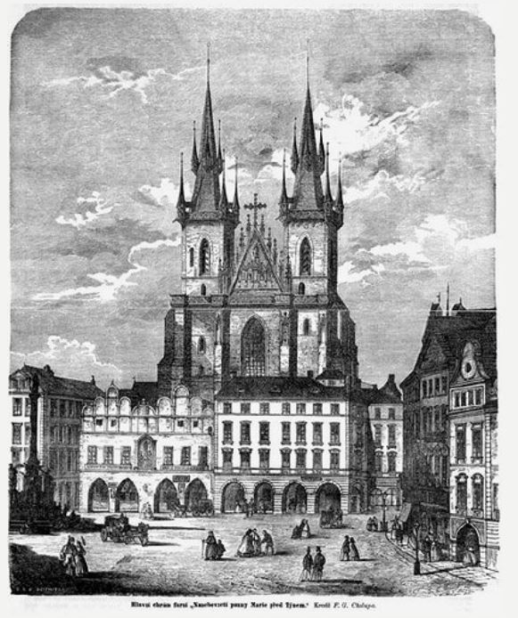 1865년 체코 프라하 올드타운 광장을 담은 그림. 뒤에 뽀족한 틴 성당 첨탑이 보이고 왼쪽에 마리안 칼럼이 보인다. 이 칼럼은 1918년 파괴됐다.  
