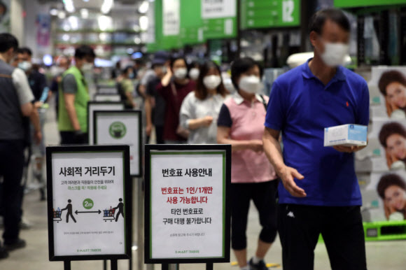 6일 오전 경기도 수원시 영통구 이마트 트레이더스 신동점에서 시민들이 일회용 마스크를 구매하기 위해 길게 줄을 늘어서 있다. 이마트 측은 당초 이날 오전 9시 30분부터 번호표 배부를 시작하려 했으나 새벽부터 많은 시민이 몰리면서 배부 시간을 오전 6시로 대폭 앞당겼고, 준비된 번호표 1천장은 2시간 만에 모두 동이 났다. 2020.6.6  연합뉴스