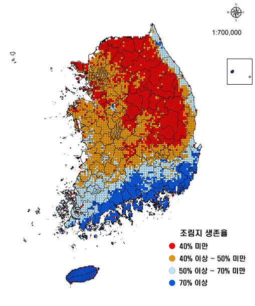 국립산림과학원이 제작한 편백 조림가능지역지도. 생존률 40% 이하는 조림불가지역이다. 국립산림과학원 제공