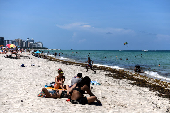 미국 플로리다 주민들이 10일(현지시간) 코로나19 여파로 3개월여 문을 닫았다 재개방한 마이애미 비치 백사장에서 휴식을 취하며 일광욕을 즐기고 있다. AFP 연합뉴스