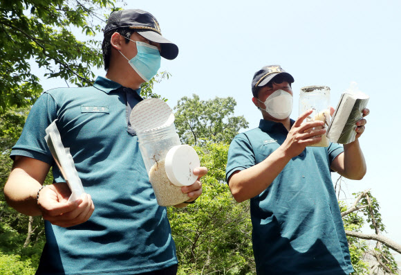 탈북민단체가 쌀 페트(PET)병을 북측에 보내겠다며 살포를 예고한 가운데 16일 오전 인천시 강화군 석모도 한 해안가에서 경찰이 과거 선교단체가 살포한 것으로 추정되는 쌀 페트병을 수거하고 있다. 2020.6.16  연합뉴스