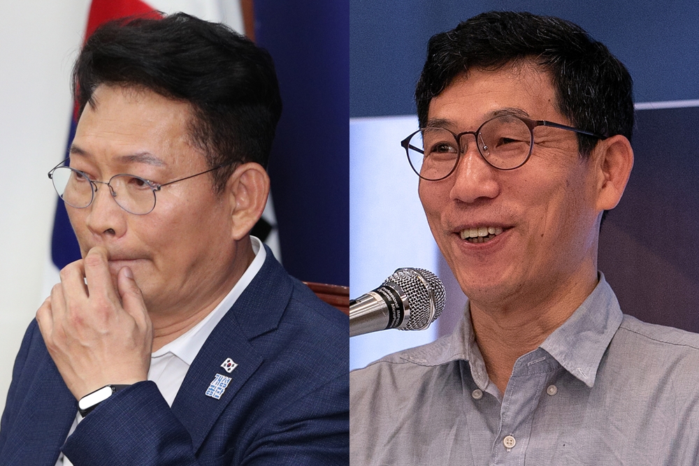 송영길 더불어민주당 의원, 진중권 전 동양대 교수.  뉴스1
