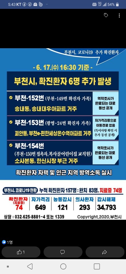 부천시 확진자 6명 추가발생 상황 카드뉴스.