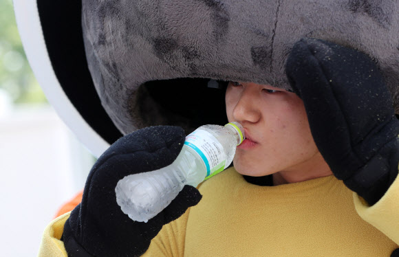 23일 강원 춘천시 강원도교육청에서 열린 이동형 안전체험차량 시연행사에서 인형탈을 쓴 직원들이 물을 마시며 더위를 식히고 있다. 소방 당국은 해당 직원에게 냉방 조끼와 그늘 휴식 등 충분한 피서 대책을 제공했다. 2020.6.23  연합뉴스