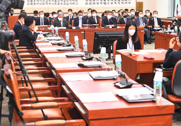 24일 국회 법제사법위원회 전체회의에 불참한 미래통합당 의원들의 좌석이 비어있다. 2020.6.24   김명국선임기자 daunso@seoul.co.kr