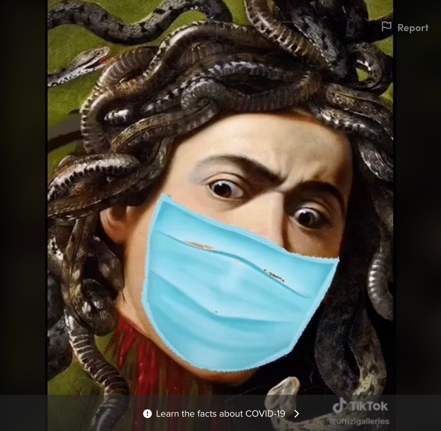 우피치 미술관의 ‘틱톡’ 영상 속 코로나 마스크를 쓴 메두사 그림. 뉴욕타임스 홈페이지 캡처.