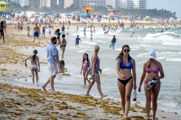 수백 명의 사람들이 26일(현지시간) 미국 플로리다주 마이애미 비치의 해변에서 따뜻한 날을 즐기고 있다. 플로리다 보건부는 6월 24일 5,508건의 코로나바이러스 추가 사례를 확인해 대유행이 시작된 이후 하루 총 기록을 세웠다. 현재 주 정부는 총 10만9014건의 확인 사례를 가지고 있다. EPA 연합뉴스
