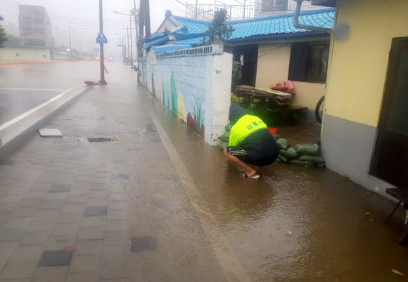 영동지방을 중심으로 많은 비가 예보된 30일 오전 강원 강릉시 내 한 주택에서 한 공무원이 침수 피해를 막고자 모래주머니를 쌓고 있다. 2020.6.30 연합뉴스