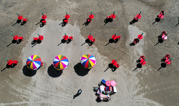부산지역 7개 해수욕장 정식 개장을 하루 앞둔 30일 오후 부산 사하구 다대포해수욕장에서 파라솔이 설치되고 있다. 다대포 해수욕장은 파라솔 간 2∼4m 간격을 두고 운영된다. 2020.6.30  연합뉴스