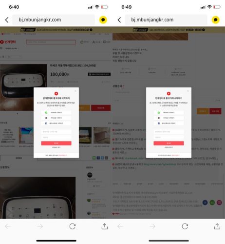 B씨가 받은 링크를 열자 ‘번개 장터’와 동일한 사이트가 뜬다/독자 제공