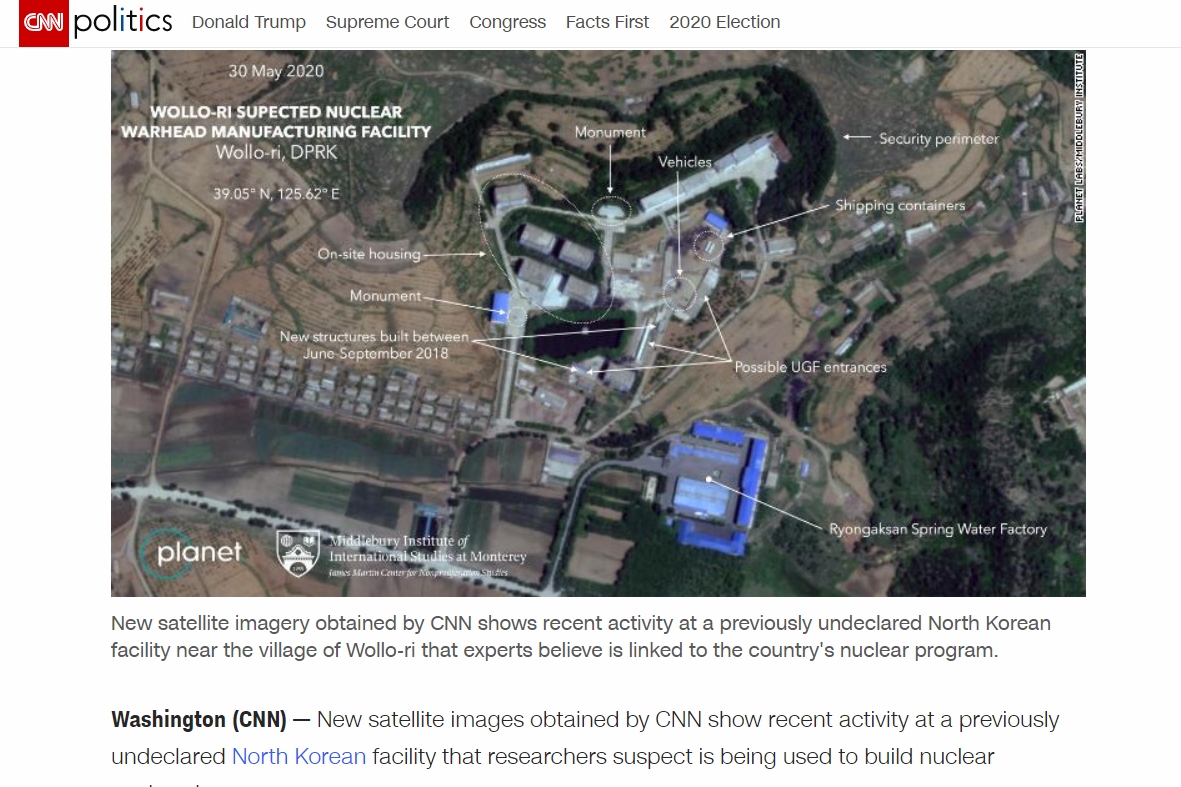 북한 평양 만경강 구역 원로리 일대에 공개되지 않은 핵탄두 개발 시설이 포착됐다고 미국 CNN방송이 8일(현지시간) 주장하며 민간 위성업체 ‘플래닛랩스’의 사진을 제시했다. 2020.7.9  CNN 홈페이지 캡처