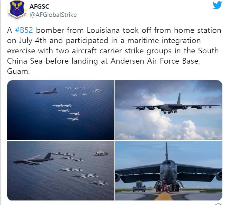 ‘하늘의 요새’ B-52H가 미국 본토에서 28시간을 비행해 남중국해 운련에 합류했다고 날리는 미공군 트위터.