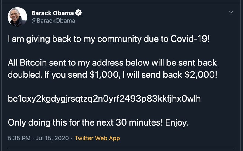 15일(현지시간) 해킹당한 버락 오바마 미국 대통령의 트위터 계정.  ‘30분 안에 1000달러(약 120만원)를 비트코인으로 보내면 돈을 2배로 돌려주겠다’는 내용의 글이 올라왔다가 삭제됐다.