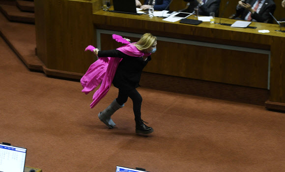 파멜라 질레스 칠레 야당 부대표가 15일(현지시간) 산티아고에서 민간연금기금을 조기 인출할 수 있는 법안을 의결한 후 축하하고 있다. 칠레의 하원은 전염병으로 인한 경제 위기를 해결하기 위해, 민간연금기금의 10%를 조기 인출할 수 있는 역사적인 법률 개혁을 승인해 세바스찬 피네라 대통령에게 큰 타격을 주었다. AFP 연합뉴스