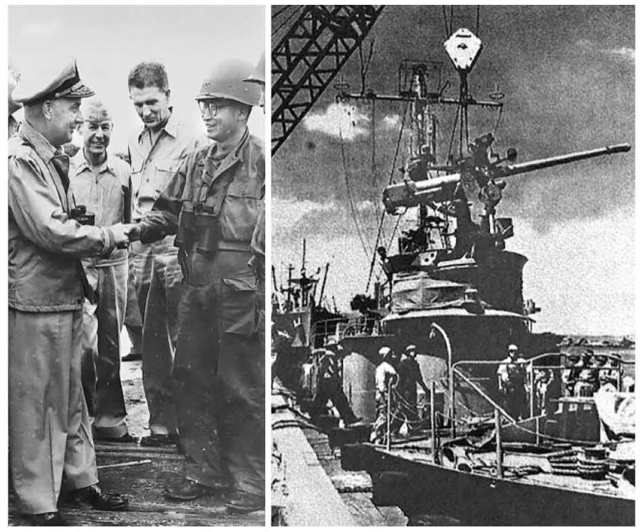 1950년 11월 인천상륙작전의 주역인 손원일(오른쪽) 해군참모총장과 미 해군 아서 스트러블 제독이 만나 반갑게 인사하고 있다. 2018년 해군이 미국 해군 역사·유물사령부에서 입수해 공개한 것이다. 오른쪽 사진은 1950년 4월 백두산함에 3인치 주포를 장착하는 모습. 정부 예산이 부족해 해군 가족들이 모금운동까지 벌여 구입한 한국 최초의 전투함으로, 6·25 전쟁 발발 직후 남하하는 북한의 1000t급 수송함을 격침하는 성과를 거뒀다. 해군 제공·서울신문 DB