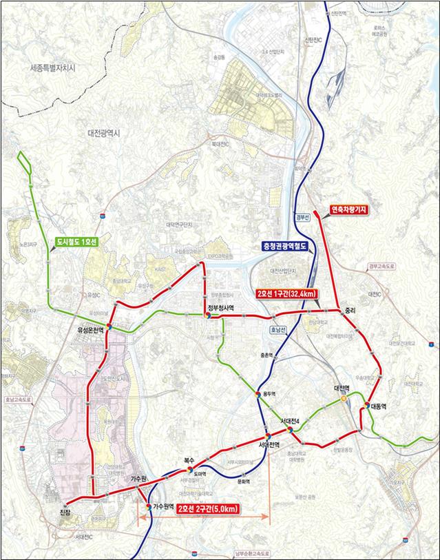대전 트램(도시철도 2호선) 노선도. 대전시 제공