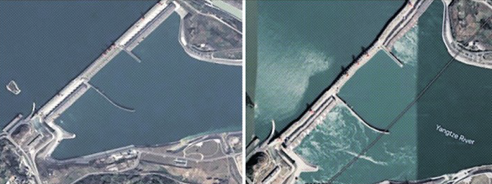 구글 어스가 제공한 중국 후베이성 싼샤댐의 과거와 현재 모습. 왼쪽은 완공 직후인 2009년, 오른쪽은 최근 사진이다. 댐 구조가 상당히 뒤틀린 것처럼 보여 논란이 됐다. 트위터 캡처