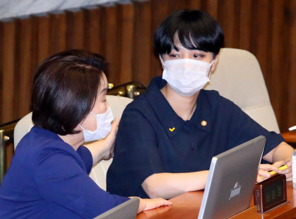 정의당 심상정 대표(왼쪽)와 류호정 의원이 22일 국회 본회의장에서 대화하고 있다.  2020.7.22  연합뉴스