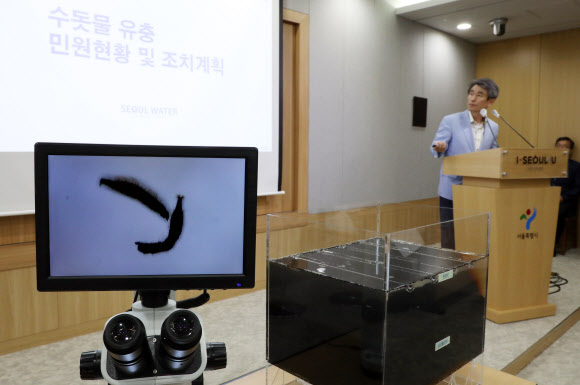 28일 오전 서울시청에서 백호 상수도사업본부장이 수돗물 유충 관련 기자회견을 하고 있다. 백 본부장은 서울시 수돗물 유충 민원은 정수과정이 아닌 외부요인에 의한 것이라고 밝혔다. 2020.7.28  연합뉴스