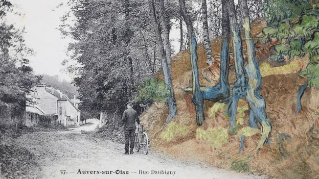 1900년부터 1910년까지 오베르 쉬르 우아즈 마을에서 발행한 그림 엽서. 오른쪽이 반 고흐의 ‘나무 뿌리들’과 아주 비슷한 것으로 보여 그가 마지막 극단을 선택하기 직전까지 이곳을 화폭에 담고 있었을 것으로 추정된다. 반 고흐 박물관 제공 영국 BBC 홈페이지 캡처