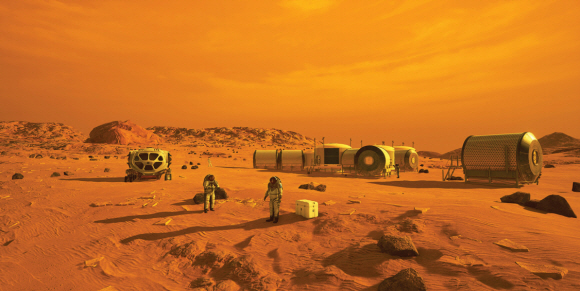 ‘붉은 지구’라고 불리는 화성에서 사람들이 기지를 건설하고 거주하고 있는 가상도.  NASA 제공