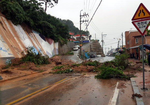 도로로 쏟아진 토사