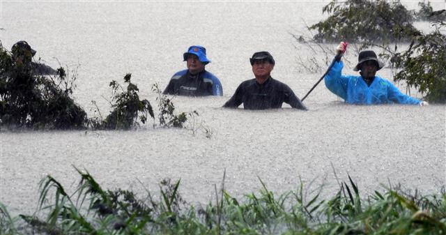 의암댐 선박 전복 사고 발생 나흘째인 9일 한국구조연합회 춘천지역대 민간부문 수색조가 강원도 춘천시 백양리역 인근 북한강변에서 실종자를 수색을 하고 있다. 한편 이날 중부지방 호우 특보로 수색에 어려움을 겪고 있다. 지난 6일 강원 춘천시 의암댐 인근에서 수초 섬을 고정 작업하던 민간 고무보트와 춘천시청 행정선(환경감시선), 경찰정 등 선박 3척이 전복돼 2명 구조, 3명 사망, 3명 실종된 상황이다. 2020.8.9 뉴스1