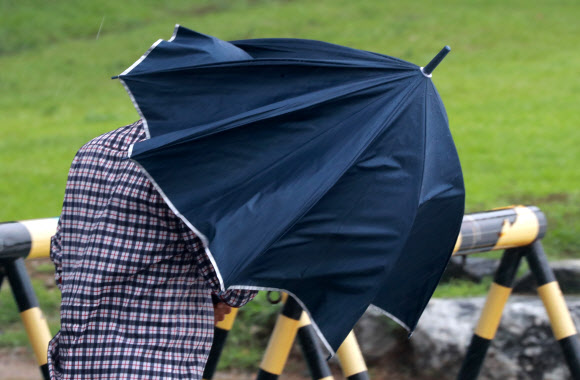 태풍 장미가 상륙한 10일 오후 부산 해운대 해수욕장 부근에서 시민들이 비바람을 피해 우산을 쓰고 걸어가고 있다. 2020.8.10  연합뉴스