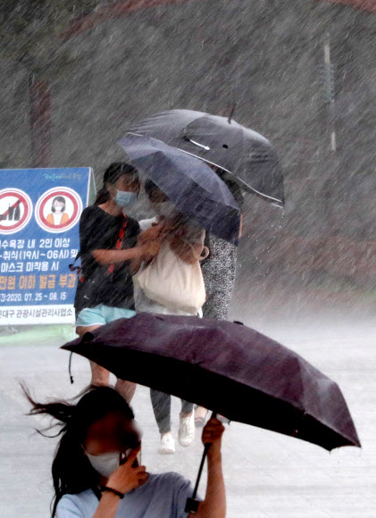 태풍 장미가 상륙한 10일 오후 부산 해운대 해수욕장 부근에서 시민들이 비바람을 피해 우산을 쓰고 걸어가고 있다. 2020.8.10  연합뉴스