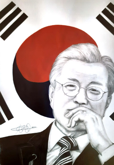 주이탈리아한국문화원이 이탈리아인을 대상으로 한국 관련 이미지를 표현하는 온라인 그림대회를 개최했다고 12일(현지시간) 밝혔다. 지난달 6일부터 21일까지 2주간 응모한 결과 모두 203점의 작품이 접수됐다.  사진은 이탈리아인 참가자가 그린 문재인 대통령과 태극기. 2020.8.13  주이탈리아한국문화원 제공