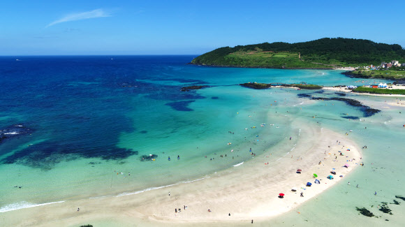제주도 북부에 폭염경보가 내려진 13일 오후 제주시 조천읍 함덕해수욕장에서 피서객들이 물놀이를 하고 있다. 2020.8.13  연합뉴스