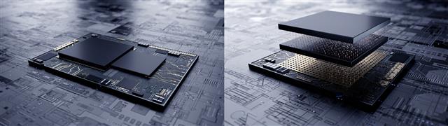 왼쪽 사진은 웨이퍼 상태의 칩을 2차원으로 나란히 배치한 기존 평면 설계의 모습. 오른쪽은 삼성전자의 3차원 적층 기술인 ‘엑스-큐브’를 적용한 시스템반도체의 설계 이미지다. 삼성전자 제공